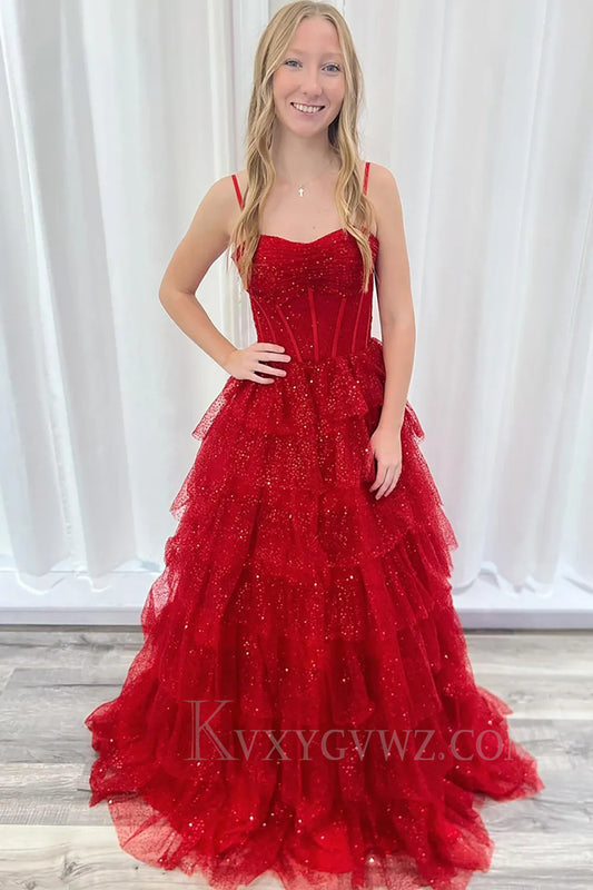 Sparkly Red Tiered Spaghetti Straps A Line Long Prom Dress with Ruffles LF283