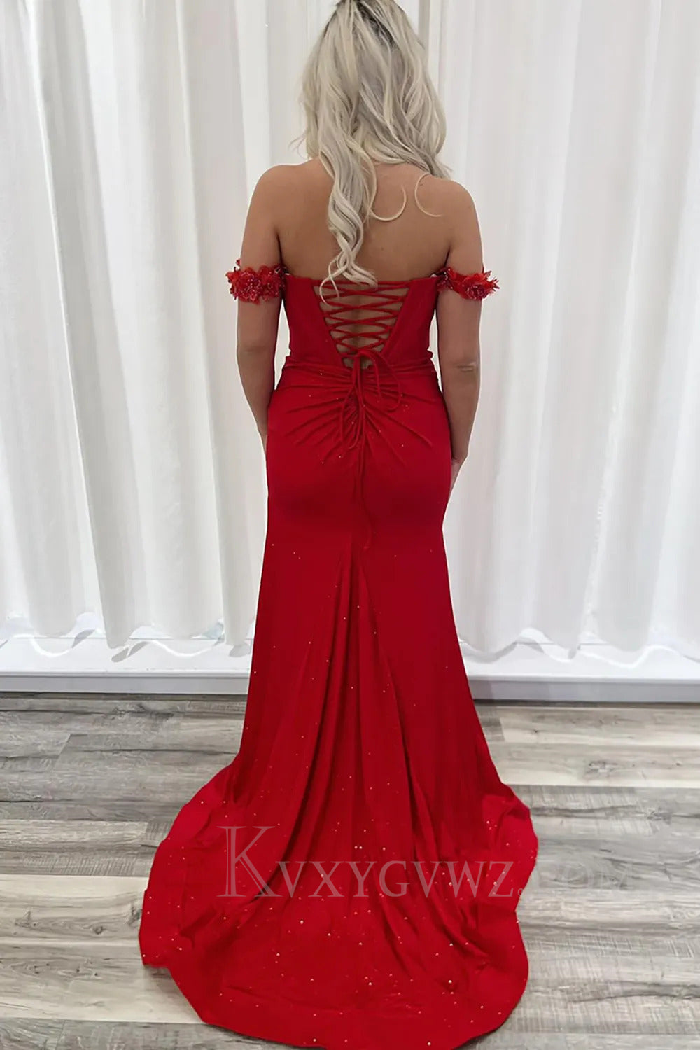 Sparkly Red Off The Shoulder Mermaid Prom Dress with Slit LF284