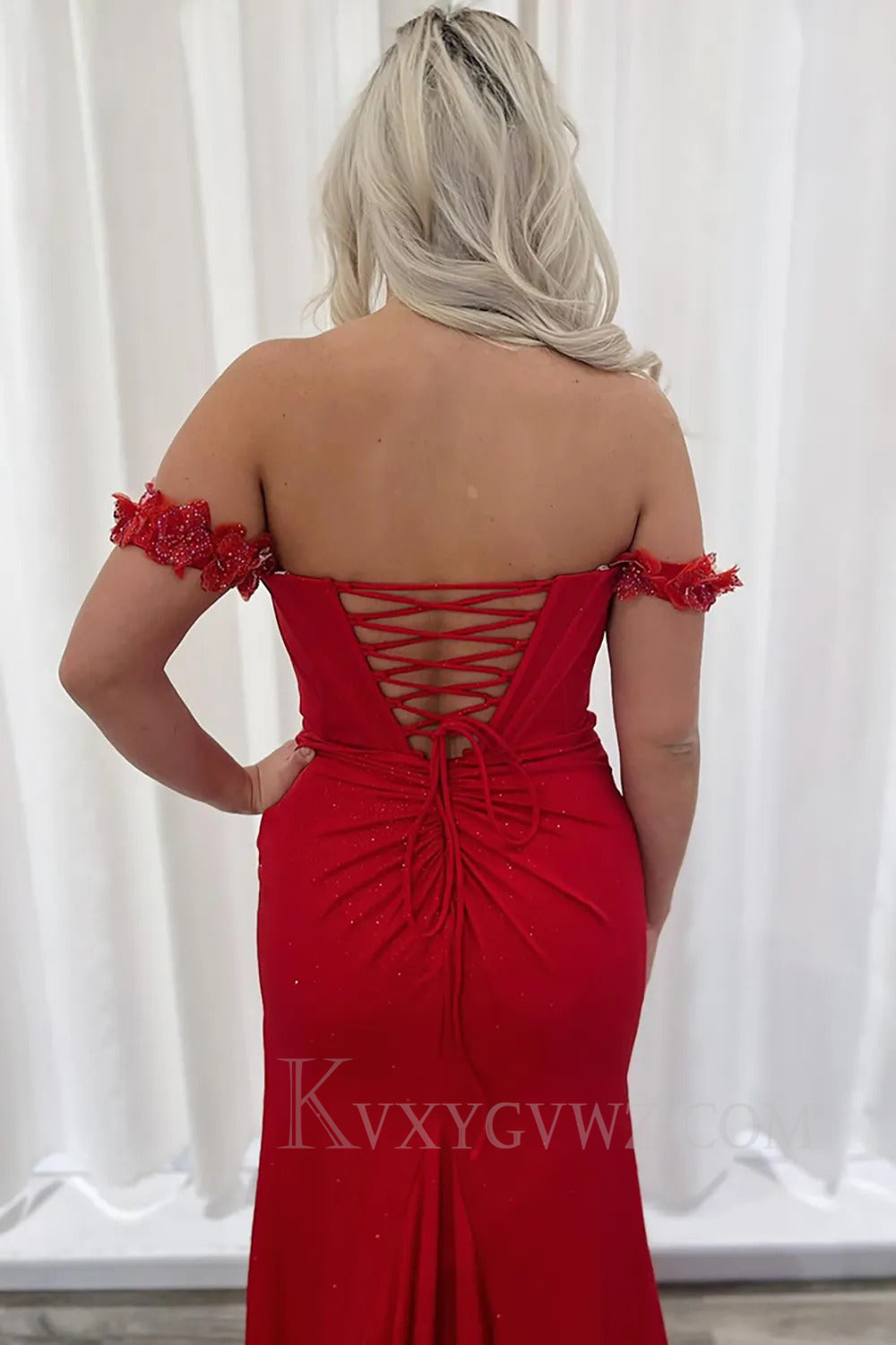 Sparkly Red Off The Shoulder Mermaid Prom Dress with Slit LF284
