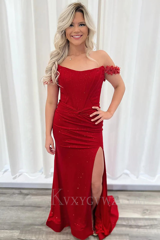 Sparkly Red Off The Shoulder Mermaid Prom Dress with Slit LF284