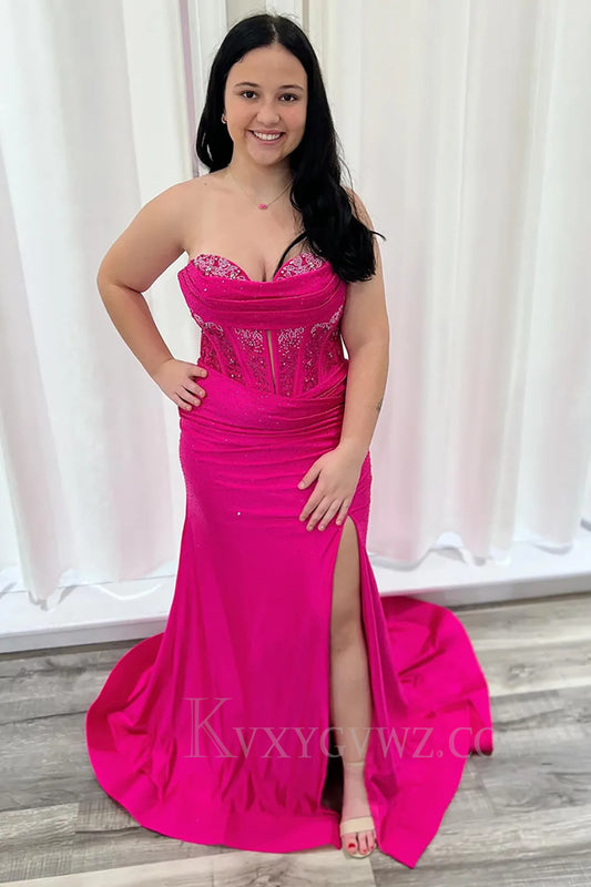 Sparkly Fuchsia Beaded Satin Long Mermaid Prom Dress with Slit LF287