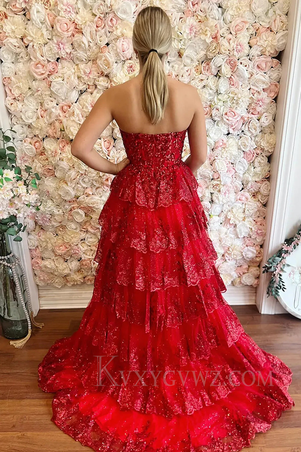 Sparkly Red Tiered Ruched Sequins Mermaid Long Prom Dress with Slit LF288