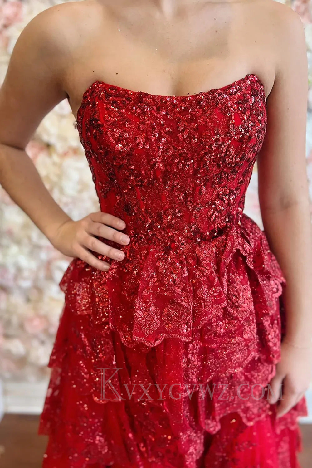 Sparkly Red Tiered Ruched Sequins Mermaid Long Prom Dress with Slit LF288