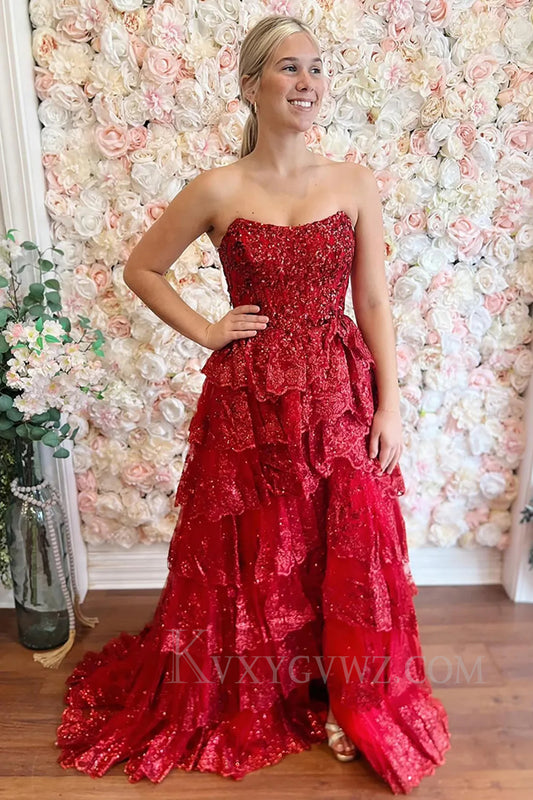 Sparkly Red Tiered Ruched Sequins Mermaid Long Prom Dress with Slit LF288