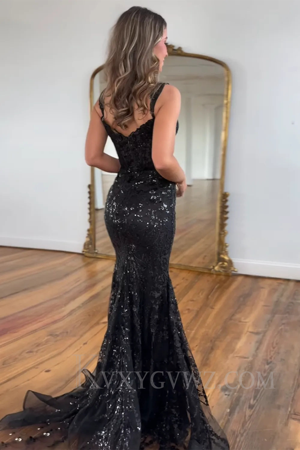 Sparkly Mermaid Off The Shoulder Golden Long Sequins Prom Dress LF029