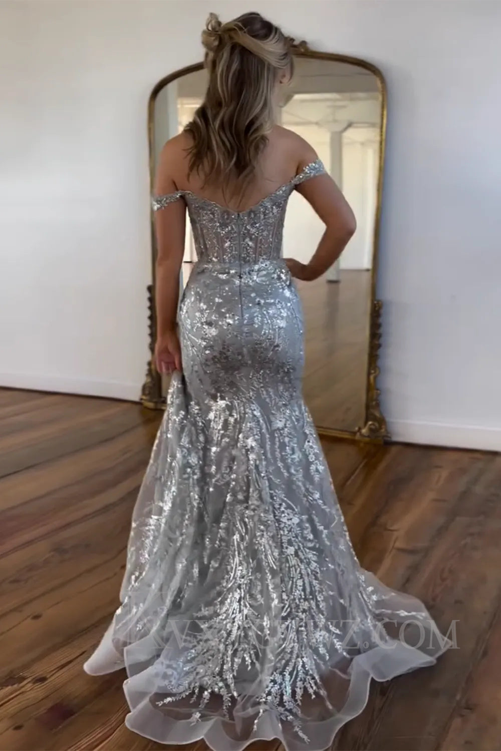 Sparkly Mermaid Off The Shoulder Golden Long Sequins Prom Dress LF029