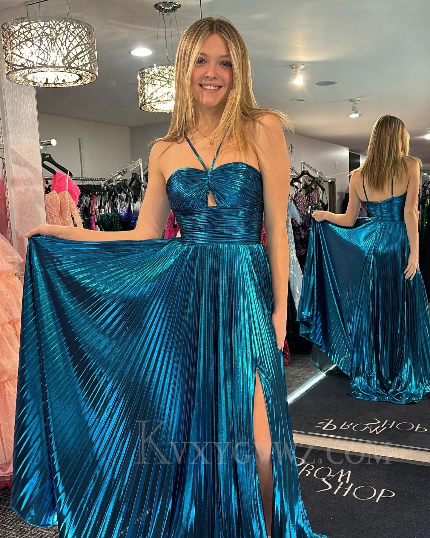 Glitter Metallic Green Pleated Backless Long Prom Dress With Slit LF290