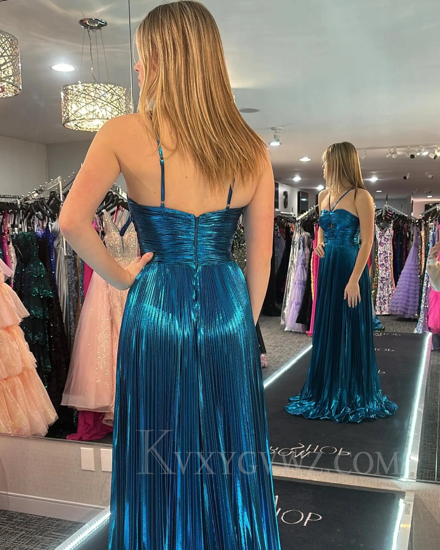 Glitter Metallic Green Pleated Backless Long Prom Dress With Slit LF290