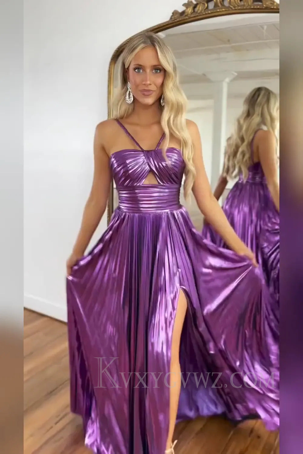 Glitter Metallic Green Pleated Backless Long Prom Dress With Slit LF290