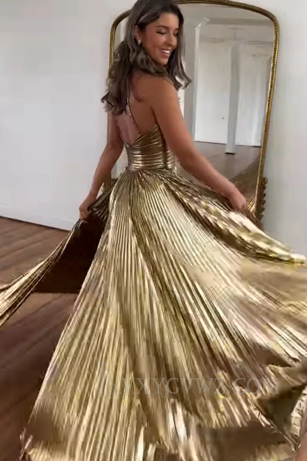 Glitter Metallic Green Pleated Backless Long Prom Dress With Slit LF290