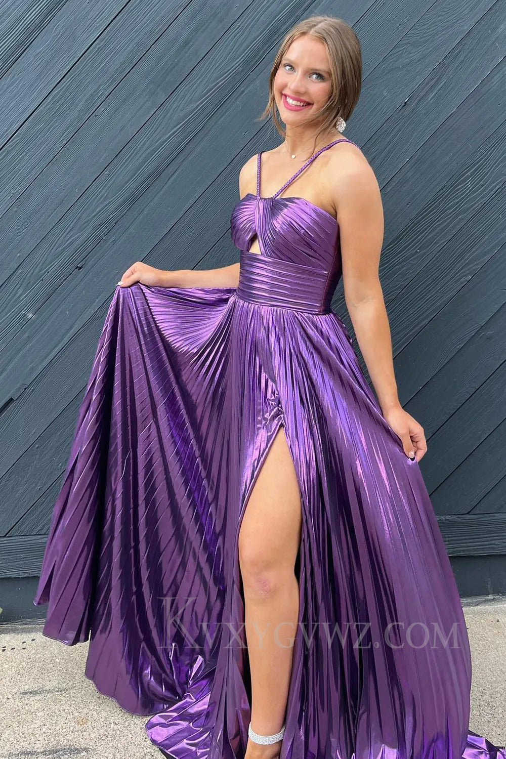 Glitter Metallic Green Pleated Backless Long Prom Dress With Slit LF290