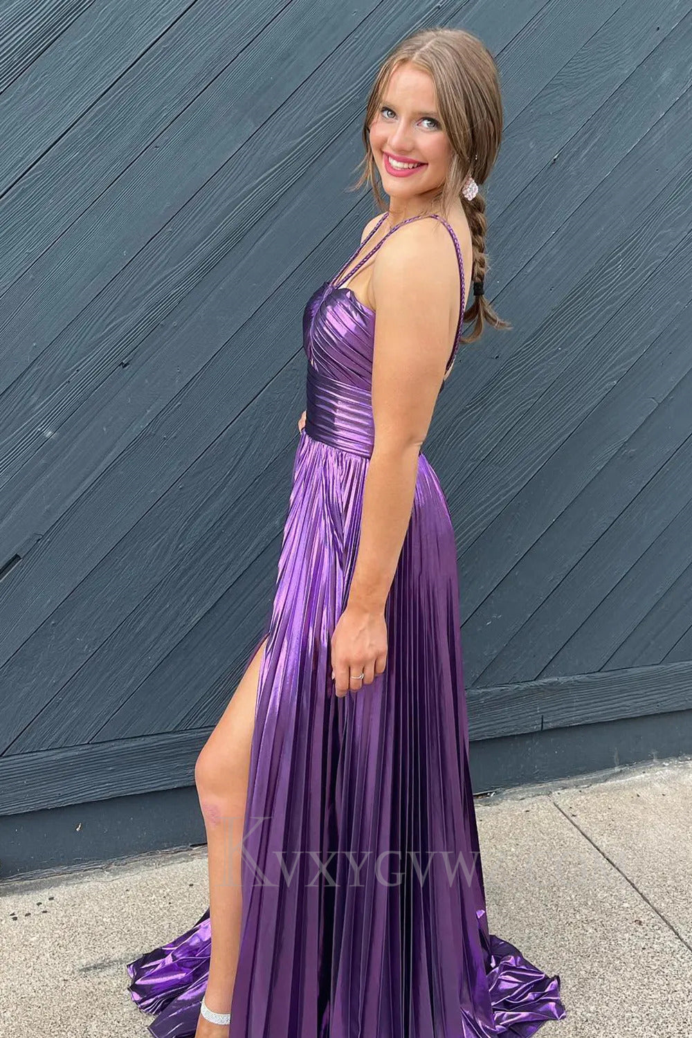 Glitter Metallic Green Pleated Backless Long Prom Dress With Slit LF290
