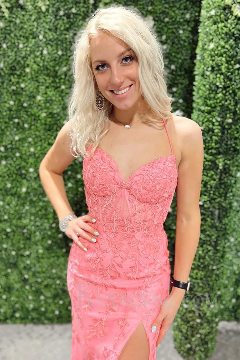 Pink V-neck Mermaid Long Lace Prom Dress with Slit LF291