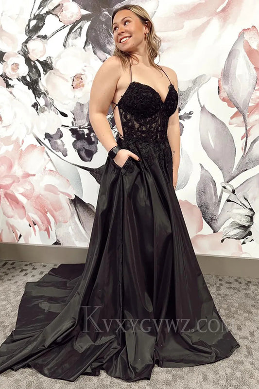 Black A Line Lace Backless Satin Prom Dress LF292