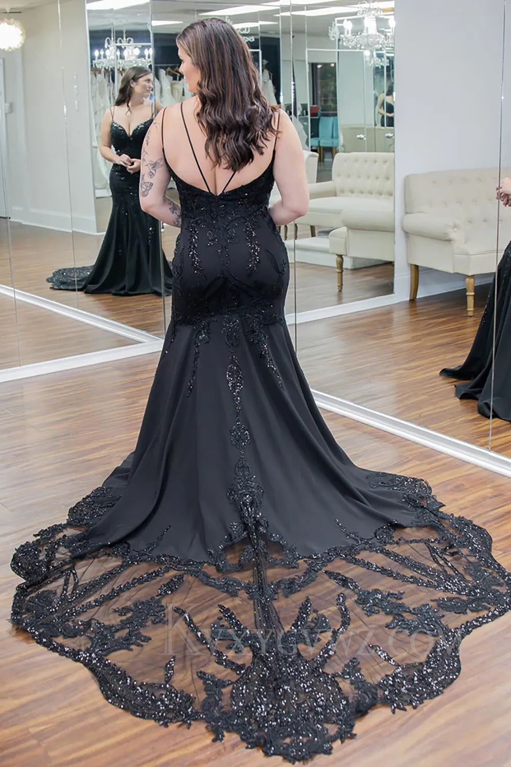 Spaghetti Straps Sparkly Black Mermaid Prom Dress with Lace LF293