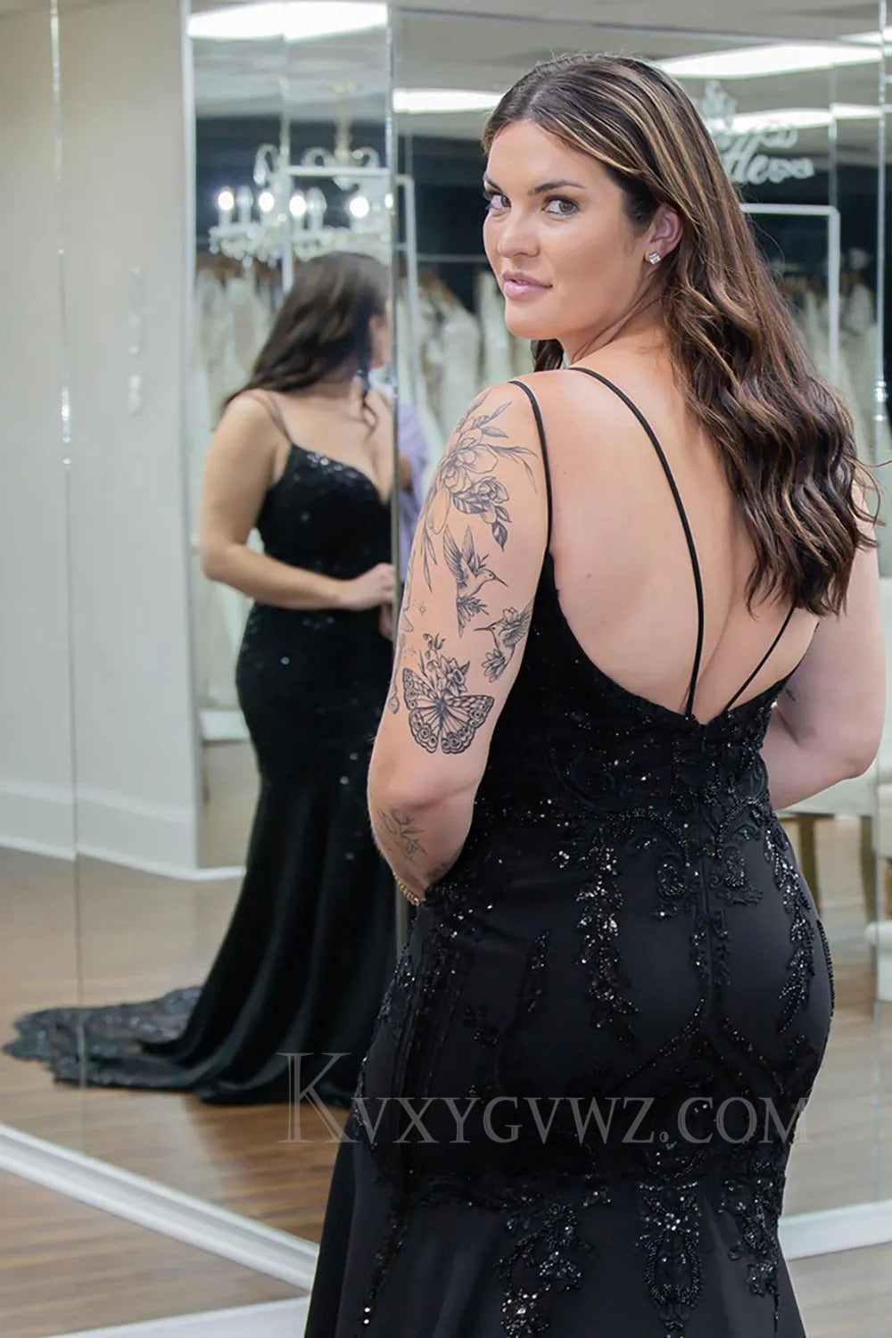 Spaghetti Straps Sparkly Black Mermaid Prom Dress with Lace LF293