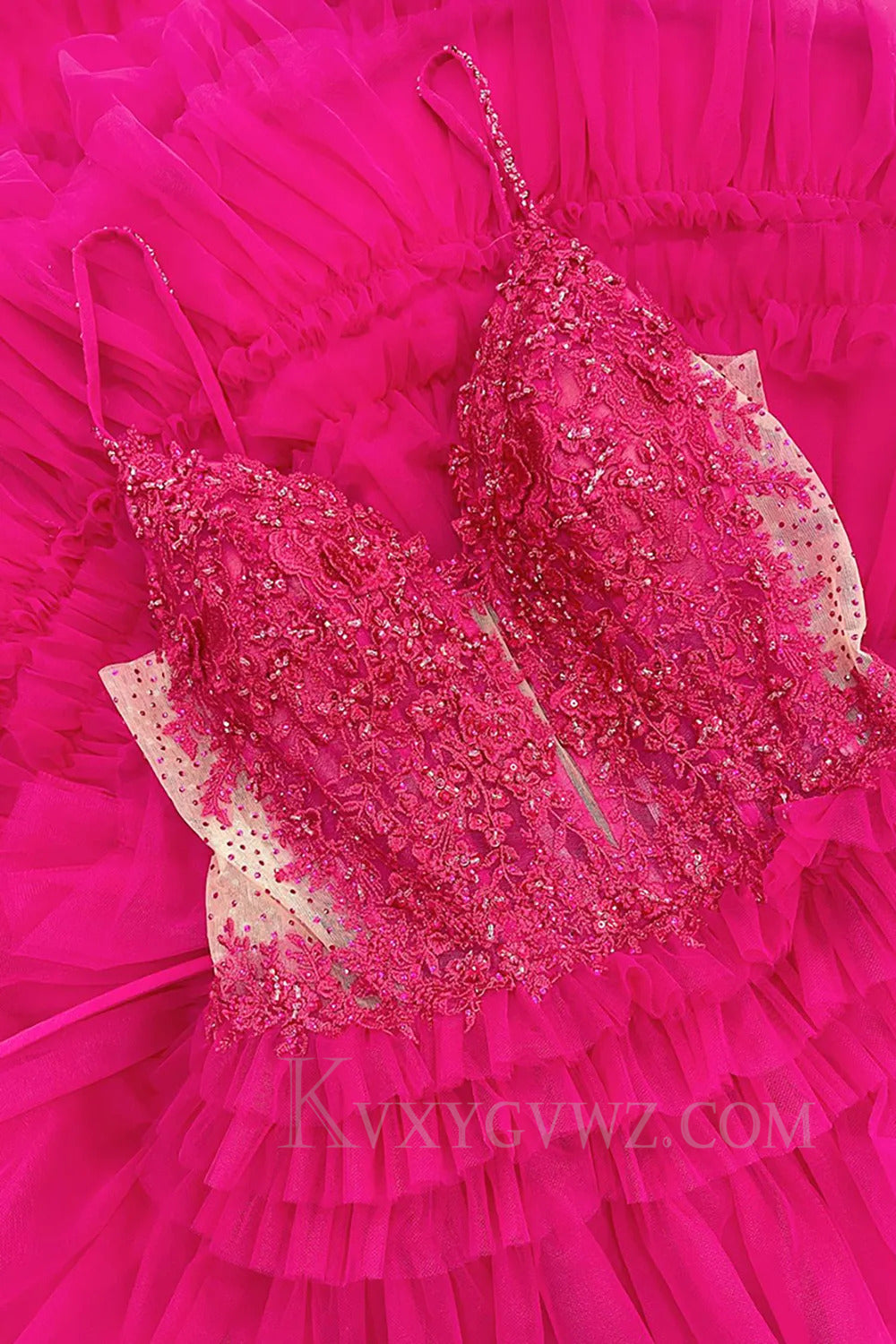 Fuchsia Ruffled Spaghetti Straps Prom Dress with Lace LF294