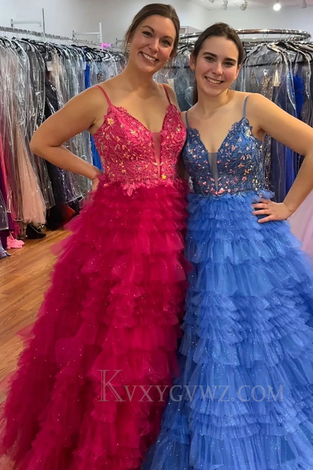 Fuchsia Ruffled Spaghetti Straps Prom Dress with Lace LF294