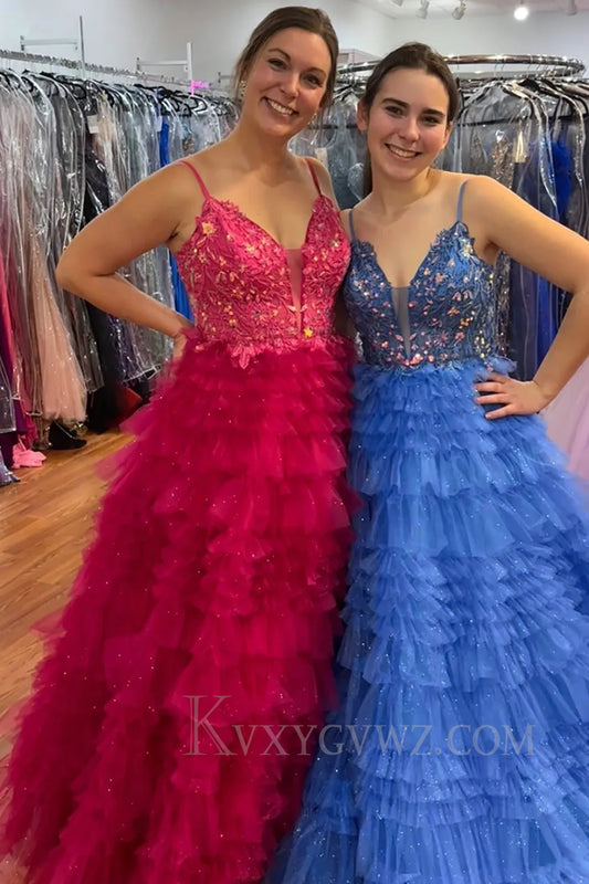 Fuchsia Ruffled Spaghetti Straps Prom Dress with Lace LF294