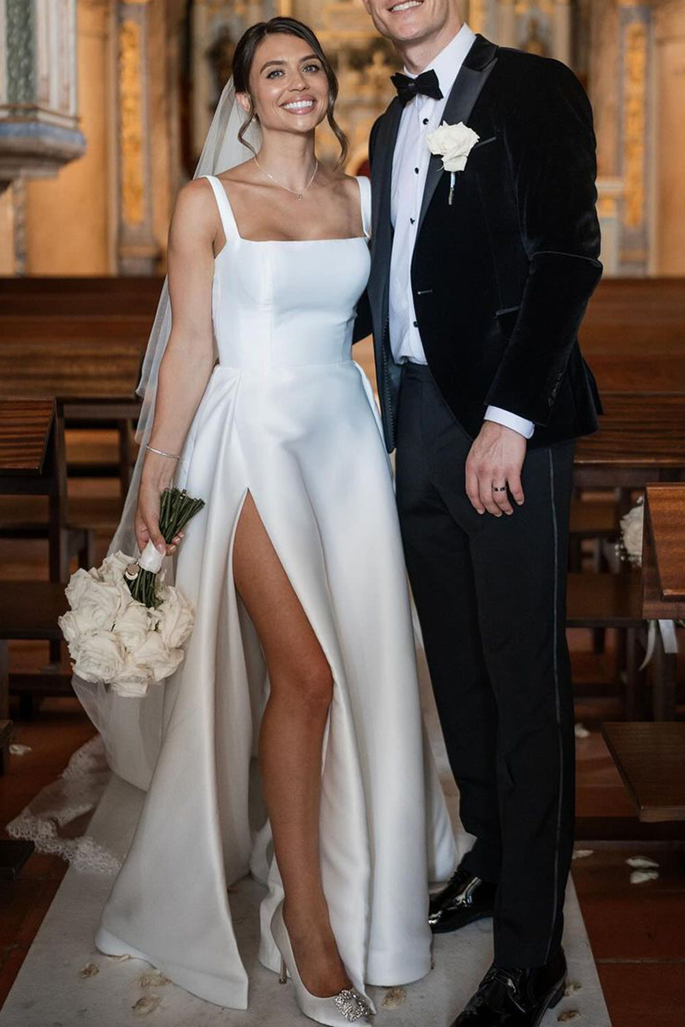 Modern A Line Square Neck Satin Long Wedding Dresses Gown with Slit HS998
