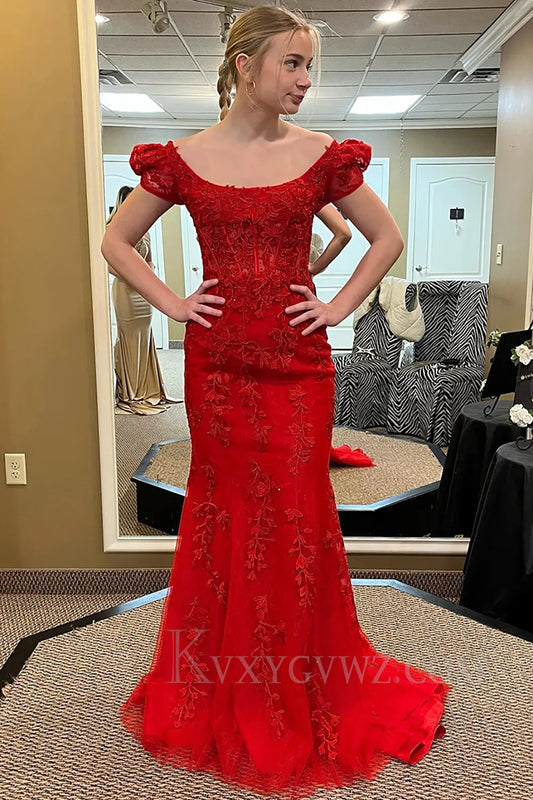 Red Appliqued Round Neck Mermaid Prom Dress with Puff Sleeves LF297