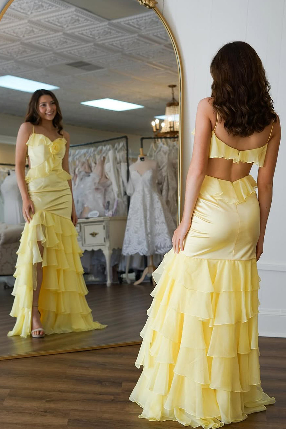 Mermaid Spaghetti Straps Yellow Ruffle Chiffon Long Prom Dress Gown with Slit LF1222