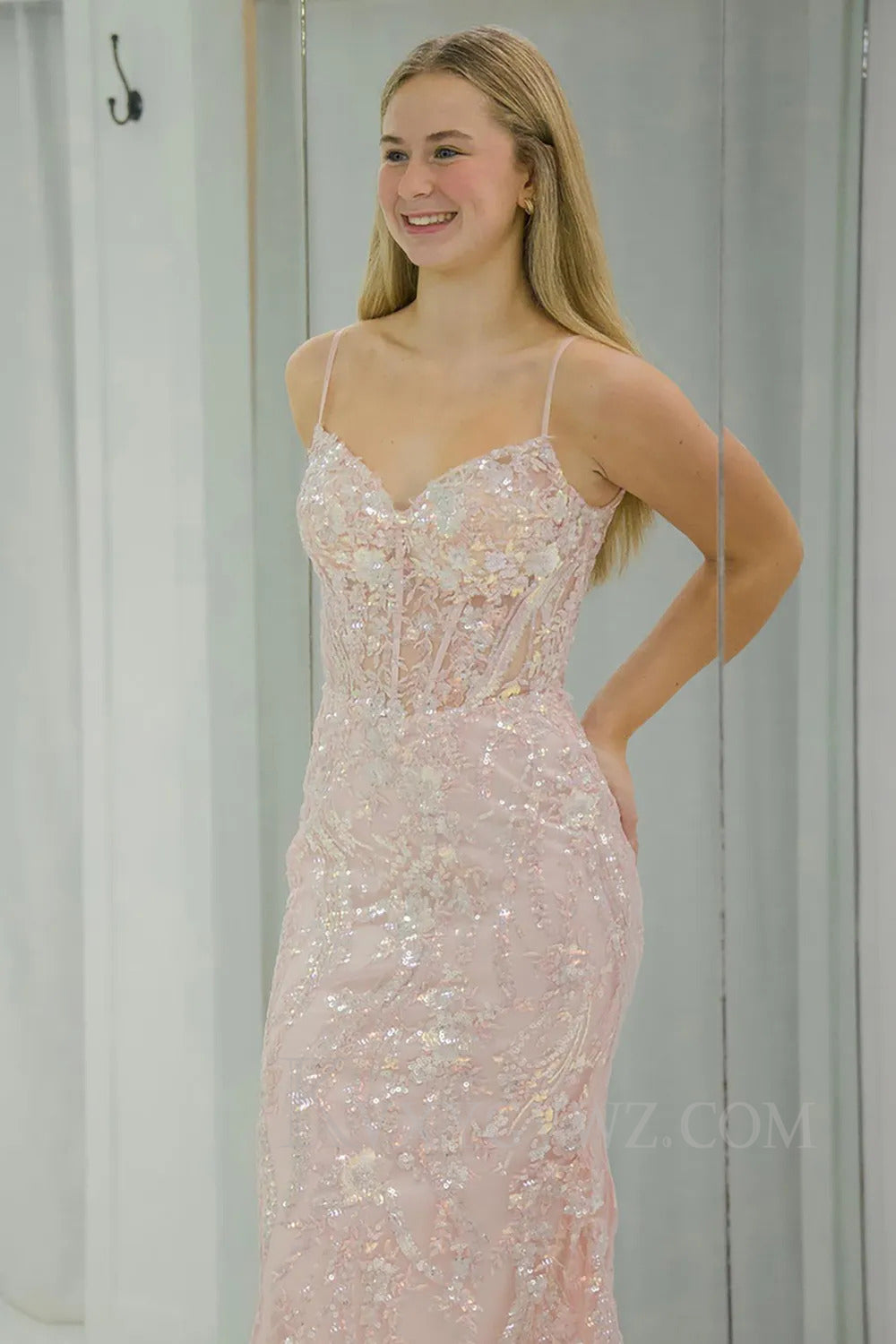Pink Sparkly Spaghetti Straps Corset Mermaid Tulle Prom Dress LF298