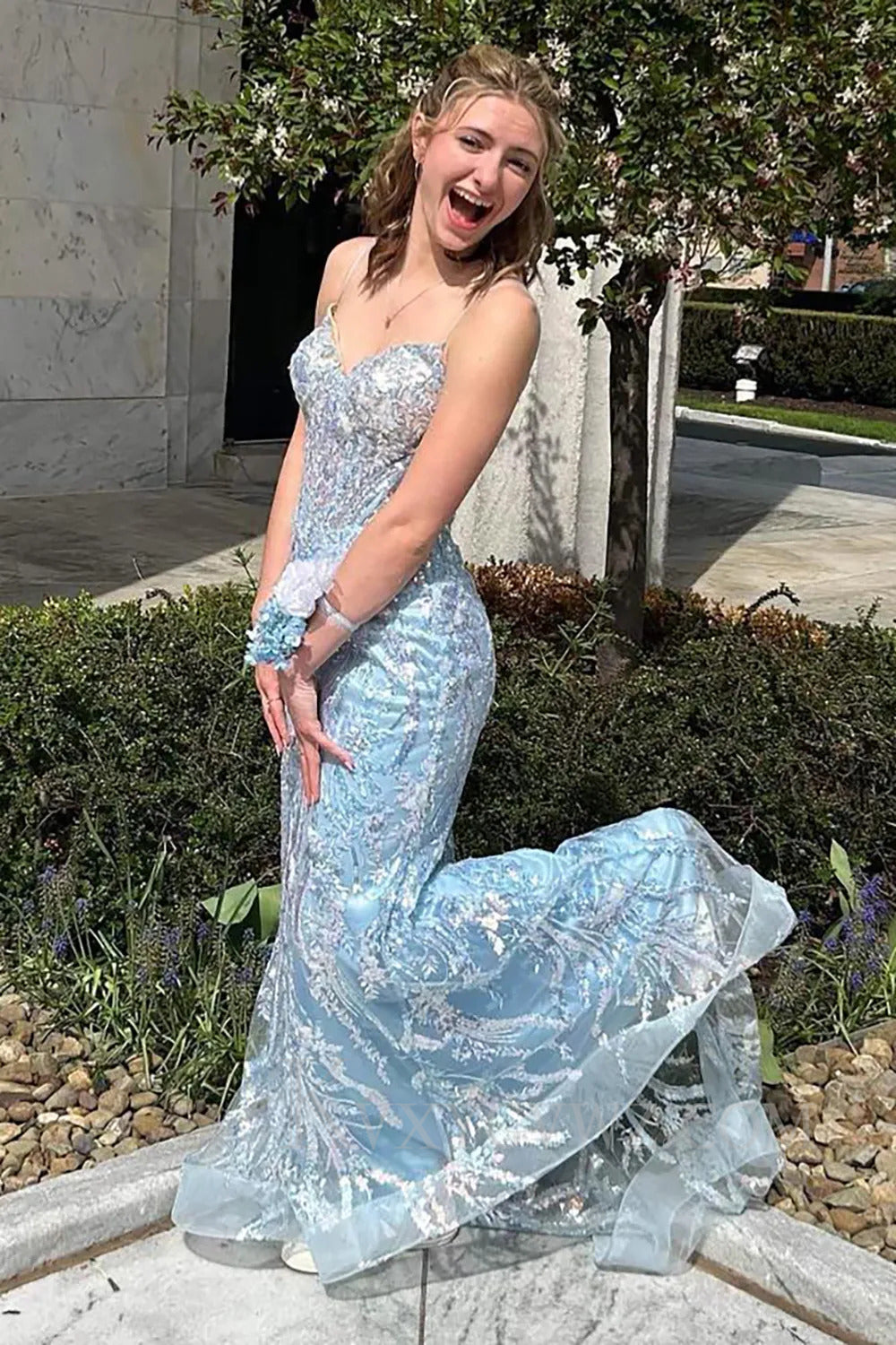 Pink Sparkly Spaghetti Straps Corset Mermaid Tulle Prom Dress LF298