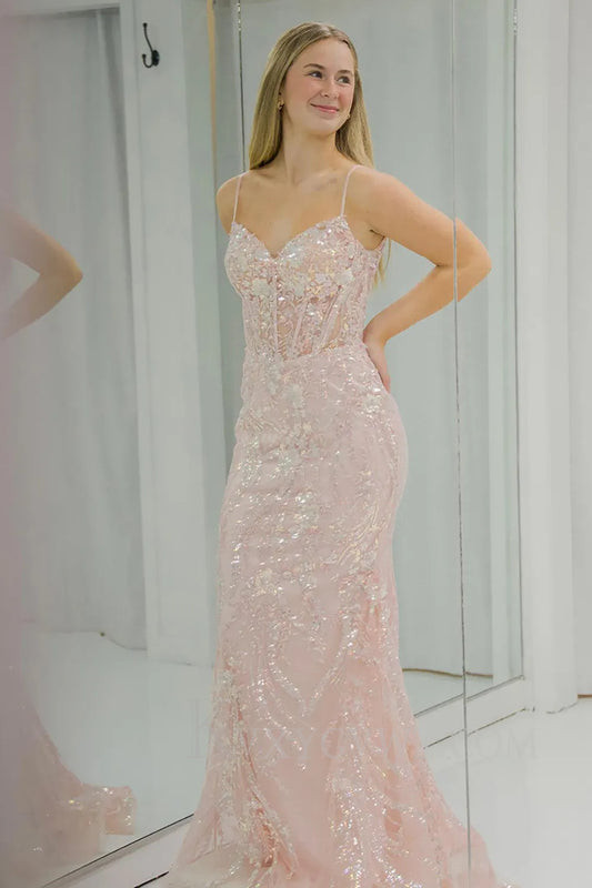 Pink Sparkly Spaghetti Straps Corset Mermaid Tulle Prom Dress LF298