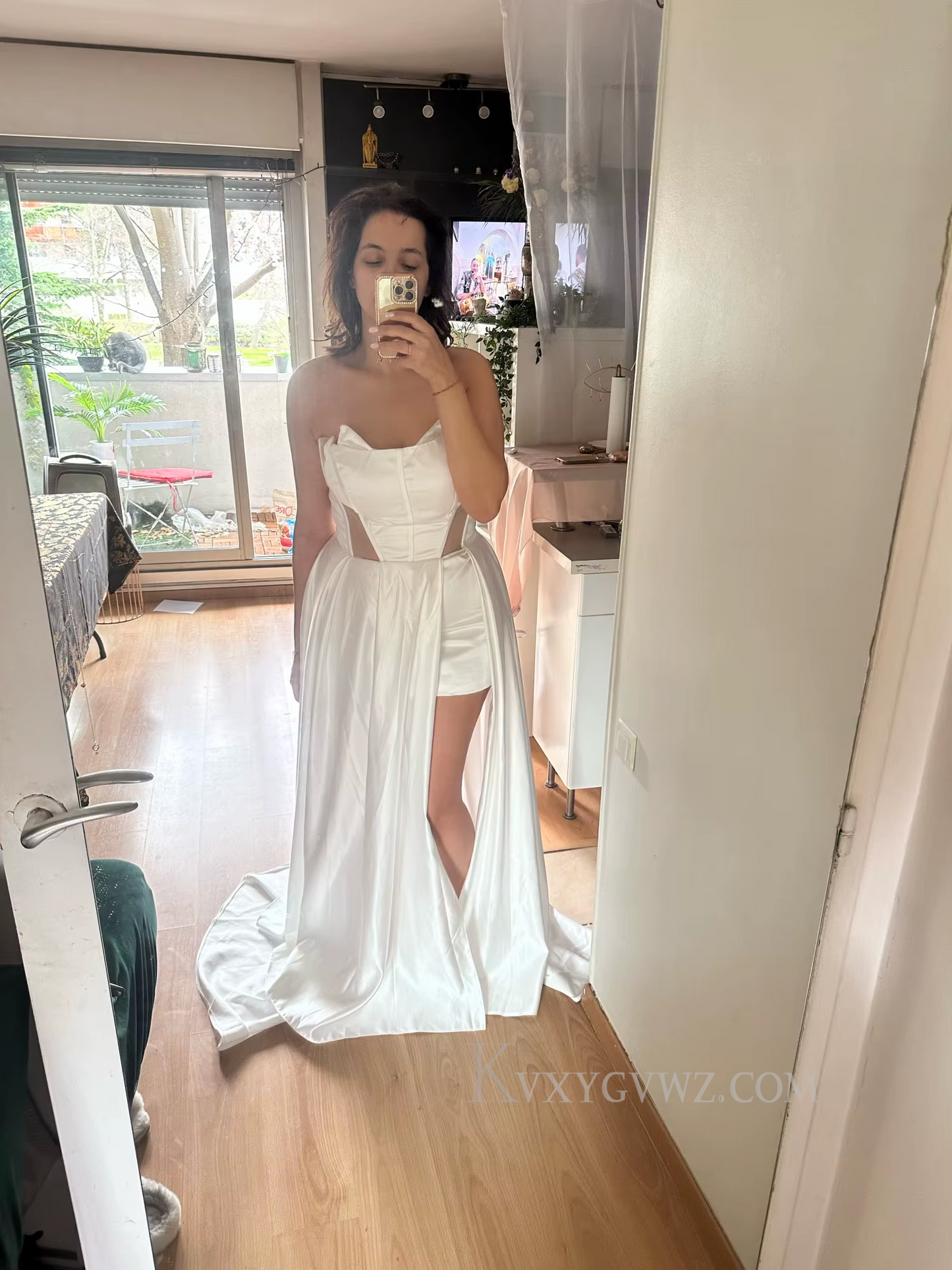 Sweetheart Satin Sweep Train Wedding Gown/Dress With Long Sleeves HS409
