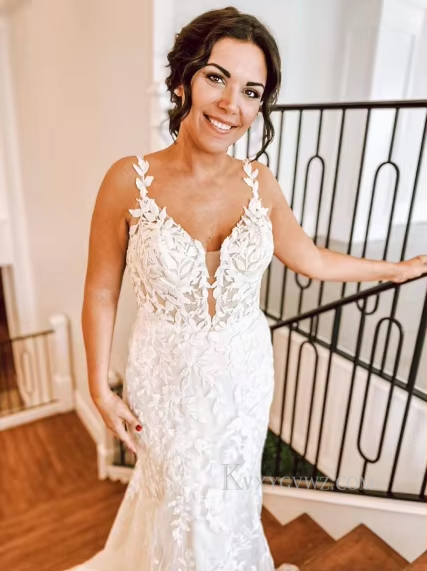 Deep V Neck Sweep Train Lace Wedding Gown/Dress With Appliques HS406