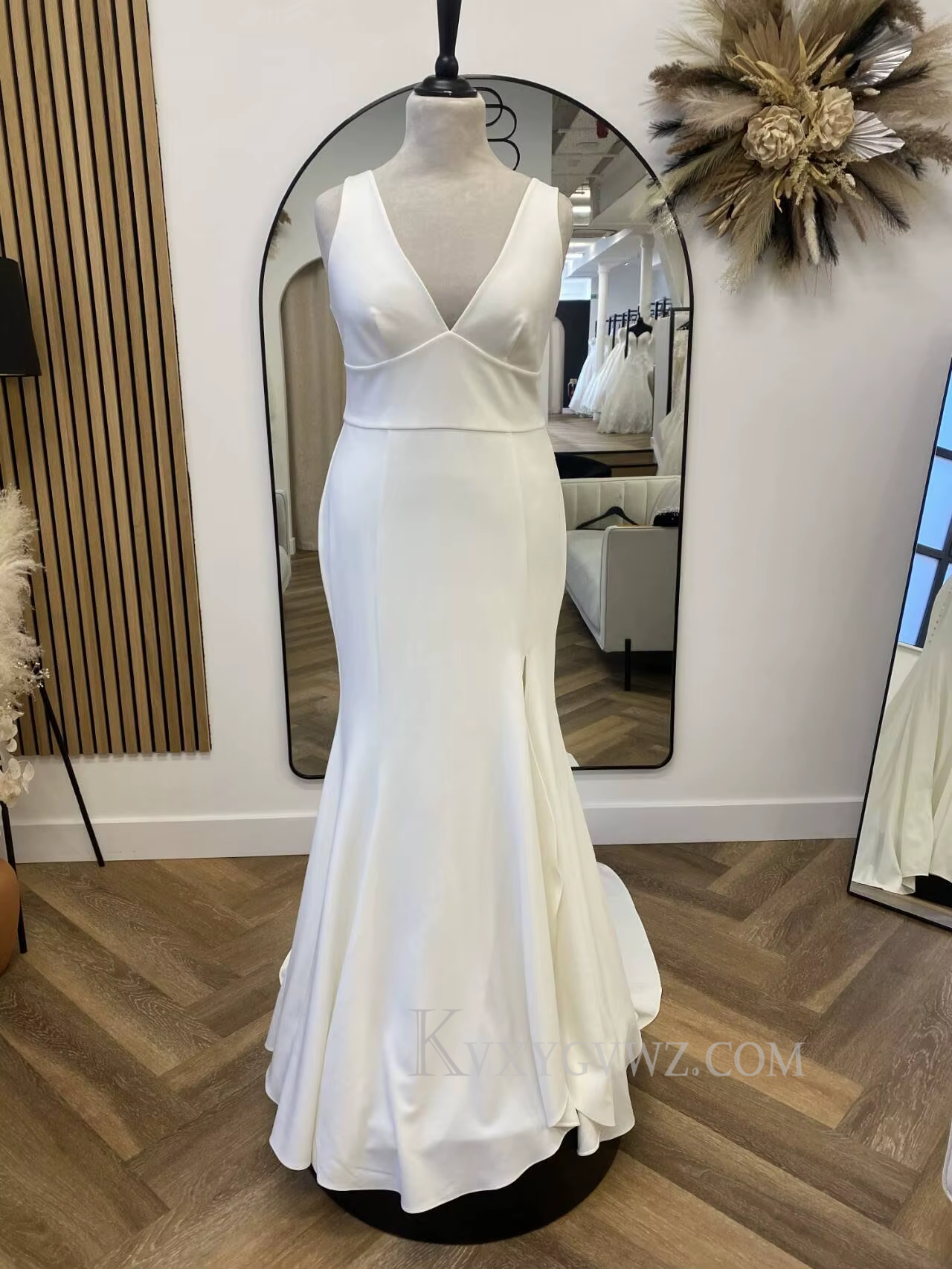 Sexy Deep V Neck Satin Sweep Train Wedding Gown/Dress HS405