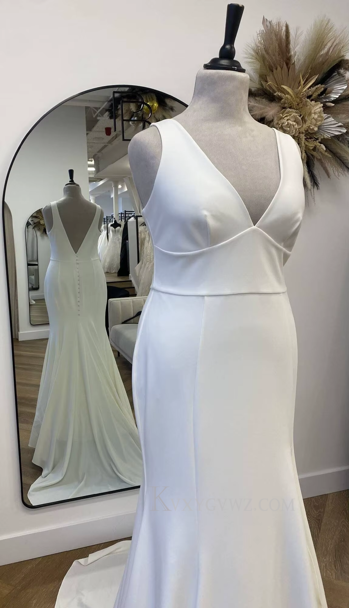 Sexy Deep V Neck Satin Sweep Train Wedding Gown/Dress HS405