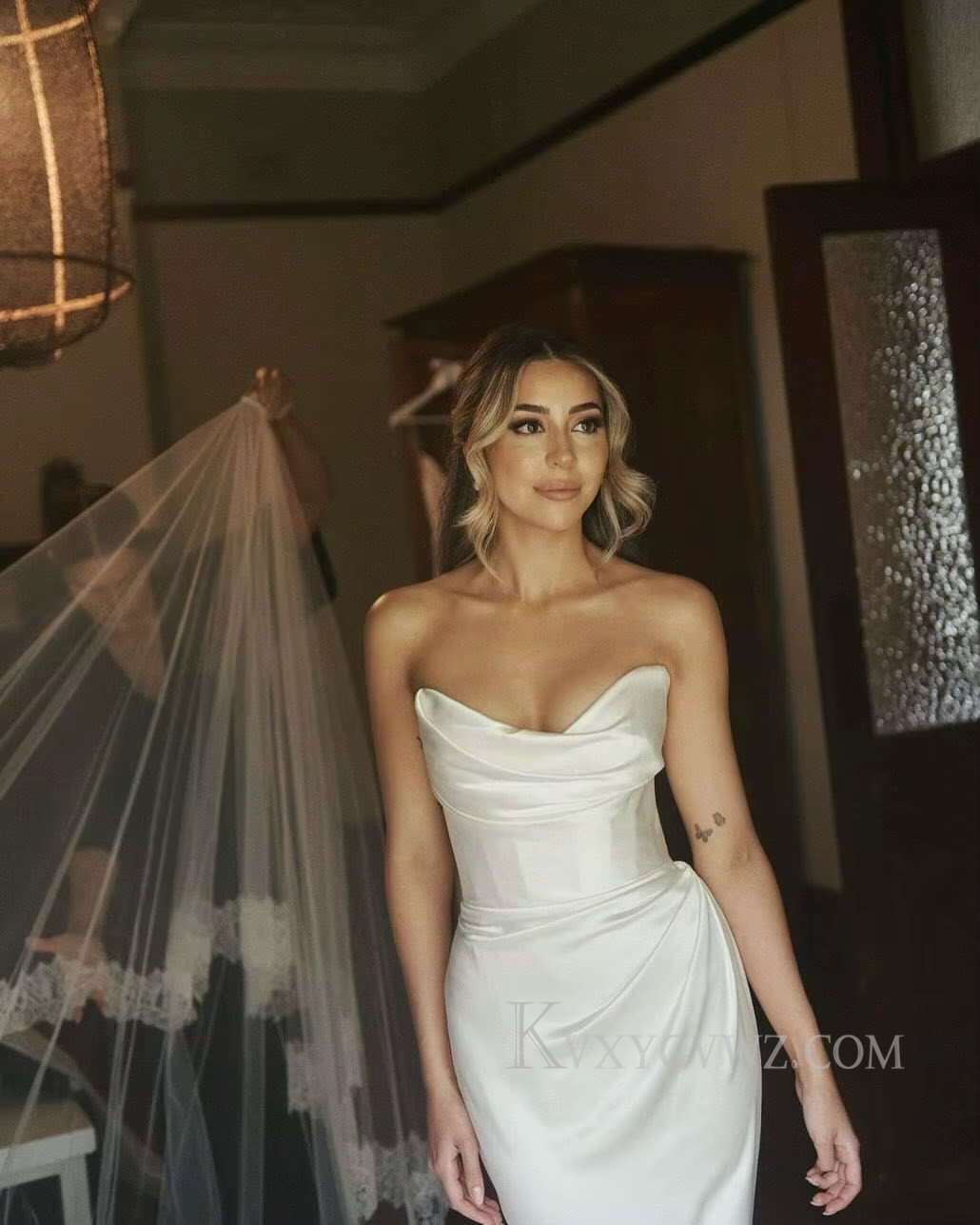 Strapless Satin Ruffles Sweep Train Wedding Gown/Dress HS408