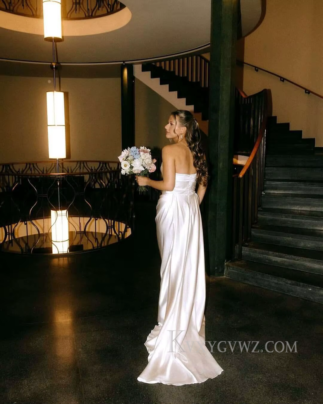 Strapless Satin Ruffles Sweep Train Wedding Gown/Dress HS408