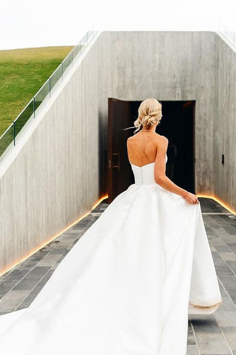 A-Line V Neck Satin Wedding Dresses Gown with Detachable Straps HS841