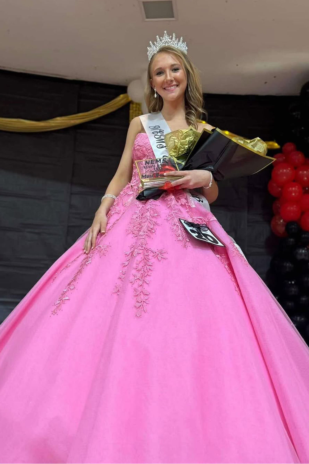 A-Line Strapless Pink Tulle Long Prom Dress Gown with Appliques LF1393