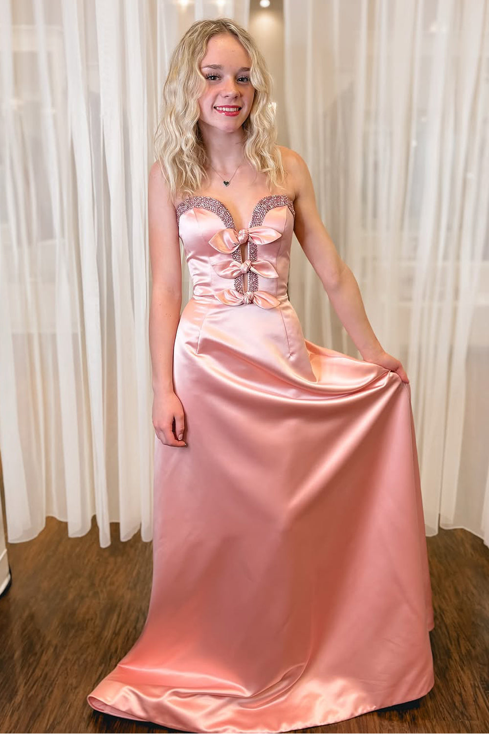 A-Line Strapless Pink Satin Long Prom Dress Gown with Bowknot LF1377