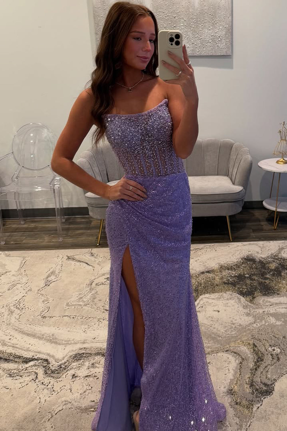 Mermaid Strapless Lavender Sequin Long Prom Dress Gown with Slit LF1278