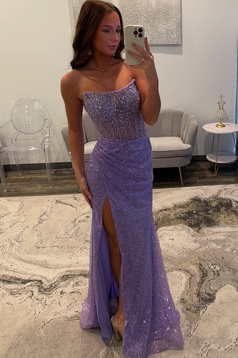 Mermaid Strapless Lavender Sequin Long Prom Dress Gown with Slit LF1278