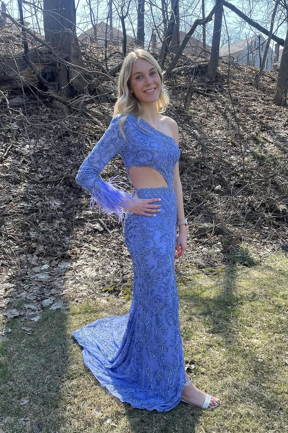Mermaid One Shoulder Long Sleeve Lavender Sequins Long Prom Dress Gown with Slit LF1373
