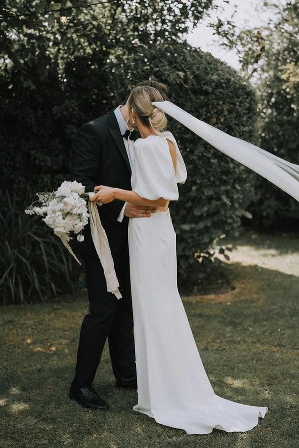 Pastoral Style Graceful Sheath V Neck Satin Wedding Dresses Gown HS955