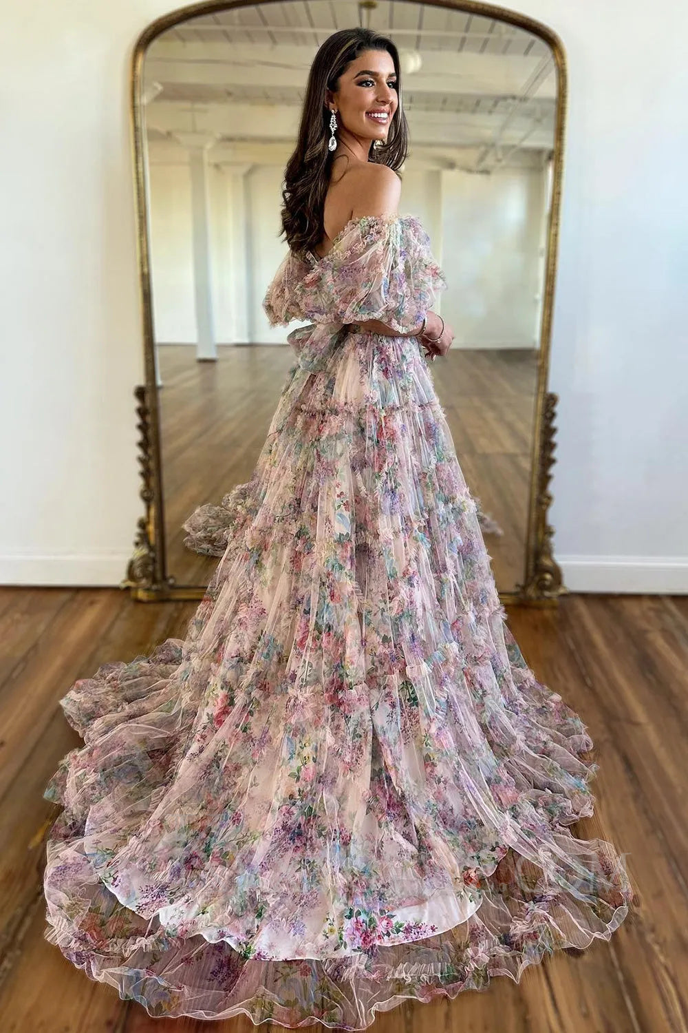 Ivory Red Flower Off The Shoulder Prom Dress LF030