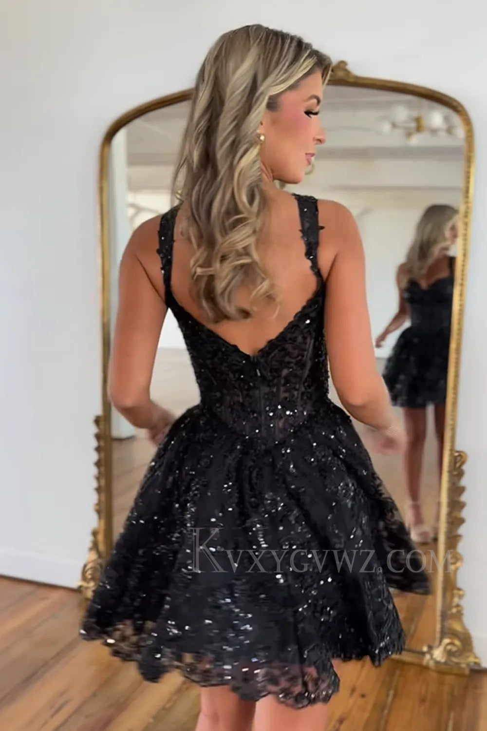 Sparkly Navy Corset Tiered Lace A-Line Short Homecoming/Cocktail Prom Dress LF320