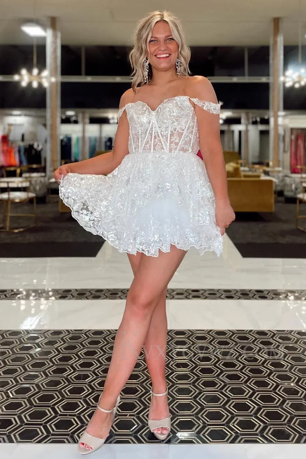 Sparkly Navy Corset Tiered Lace A-Line Short Homecoming/Cocktail Prom Dress LF320