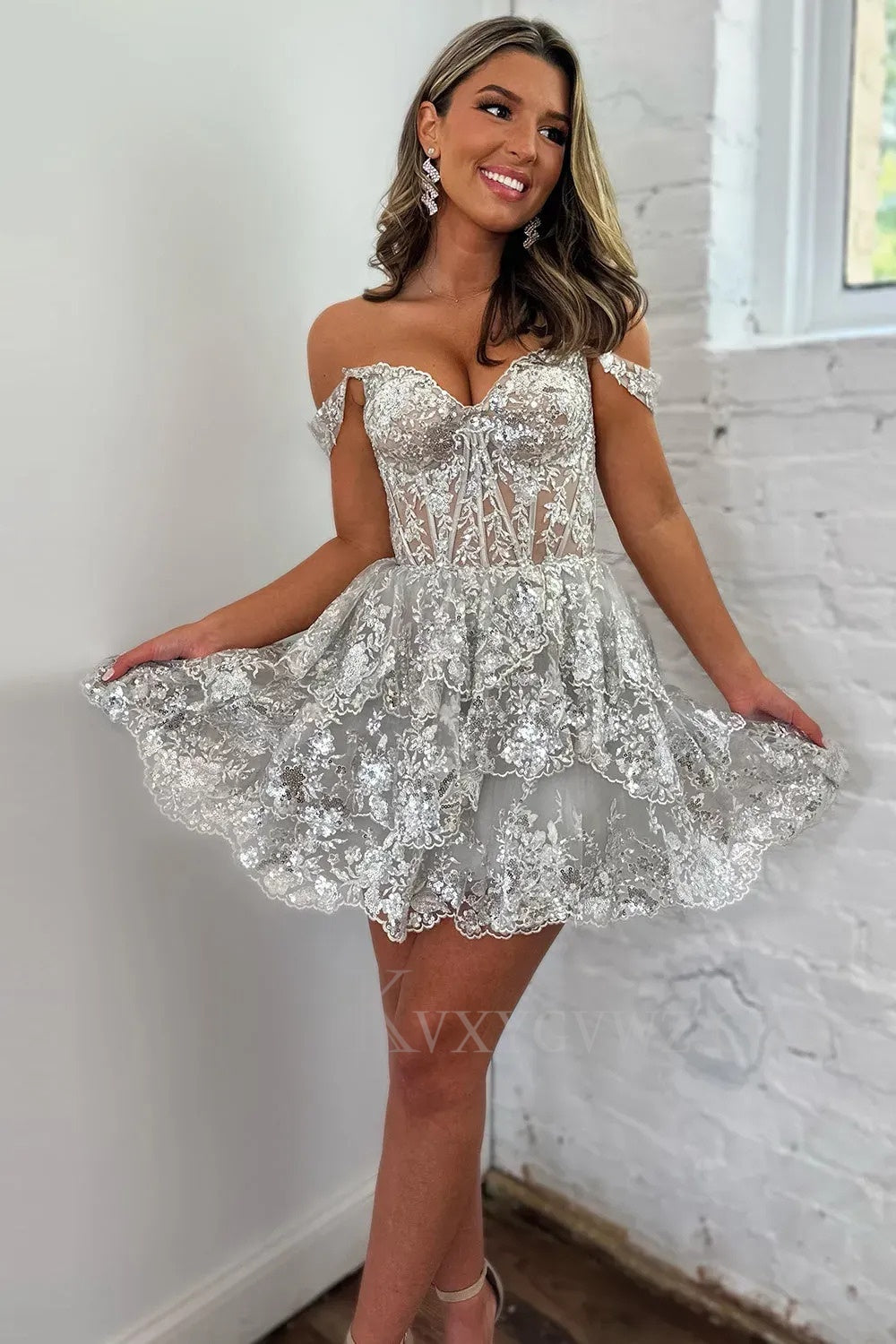 Sparkly Navy Corset Tiered Lace A-Line Short Homecoming/Cocktail Prom Dress LF320