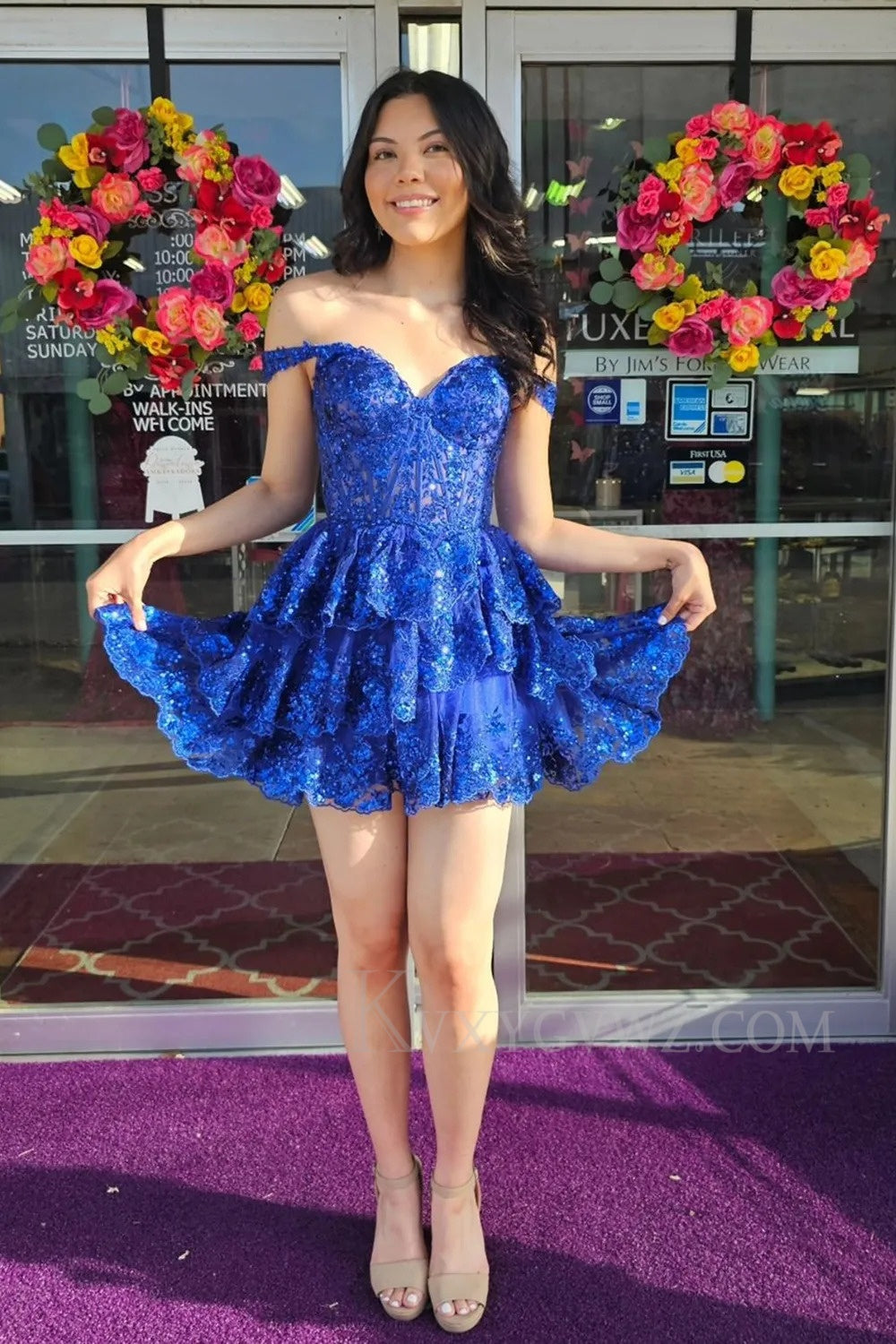 Sparkly Navy Corset Tiered Lace A-Line Short Homecoming/Cocktail Prom Dress LF320