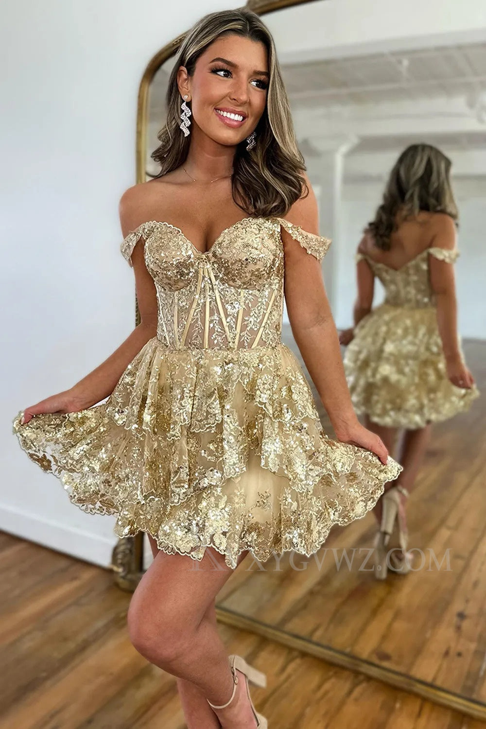 Sparkly Navy Corset Tiered Lace A-Line Short Homecoming/Cocktail Prom Dress LF320
