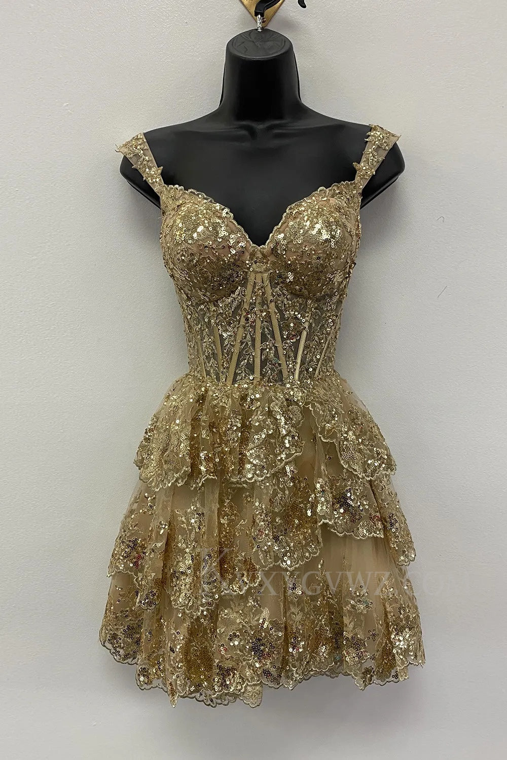 Sparkly Navy Corset Tiered Lace A-Line Short Homecoming/Cocktail Prom Dress LF320