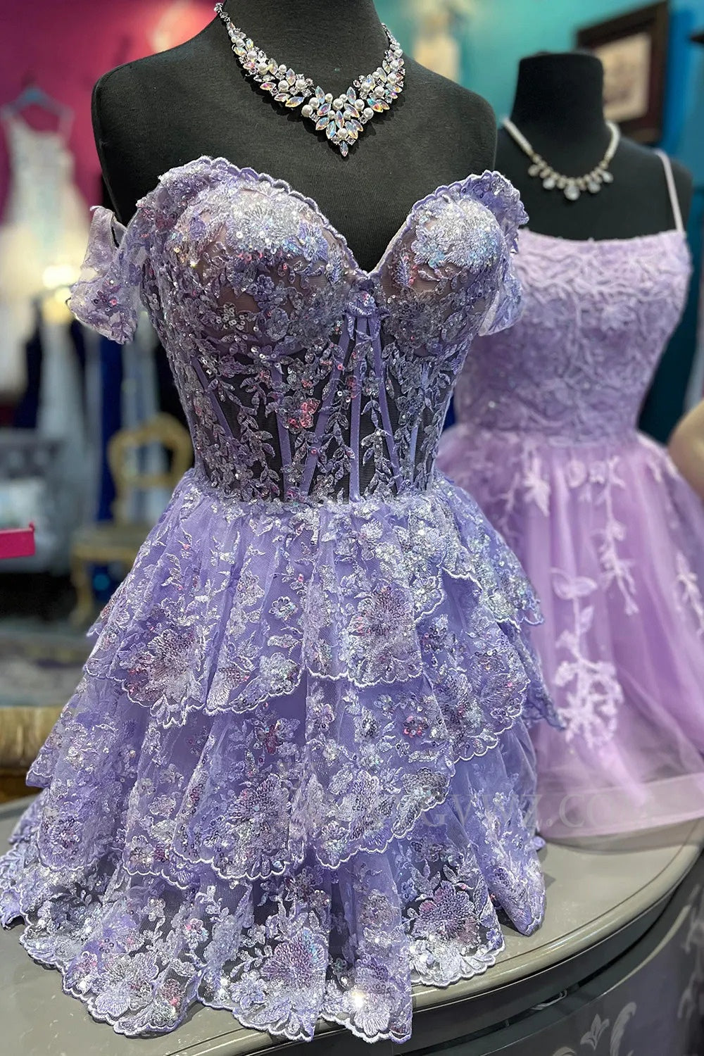 Sparkly Navy Corset Tiered Lace A-Line Short Homecoming/Cocktail Prom Dress LF320